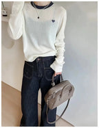Women's Pullover Autumn/Winter 100% Wool Sweater Stitching Casual Knit Sweater Round Neck Tops Ladies Clothes Embroidery Blouse