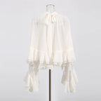 Solid Spliced Ruffles Loose Blouses For Women I Neck Long Sleeveless Temperament Minimalsit Shirts Female Fashion