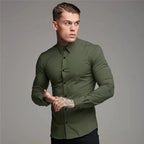 Men's Shirt Fashion Full Sleeve Shirt Men's Muscle Casual Slim-fit Business Dress Solid Color Shirt Men's Gym Fitness Men Shirt