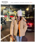 Winter Letter Print Hooded Jacket Women Clothing Trend Zipper Parkas Puffer Down Cotton Coats Design Vintage Windproof Outerwear