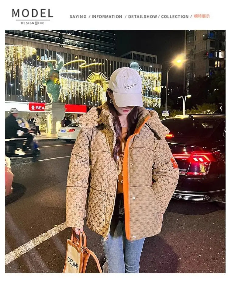 Winter Letter Print Hooded Jacket Women Clothing Trend Zipper Parkas Puffer Down Cotton Coats Design Vintage Windproof Outerwear
