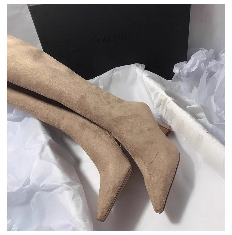 High Heels Women High Boots Suede Pointed Toe Elegant Knee High Shoes Woman Trend Fashion Sexy Pumps Party Chelsea Boots Mujer