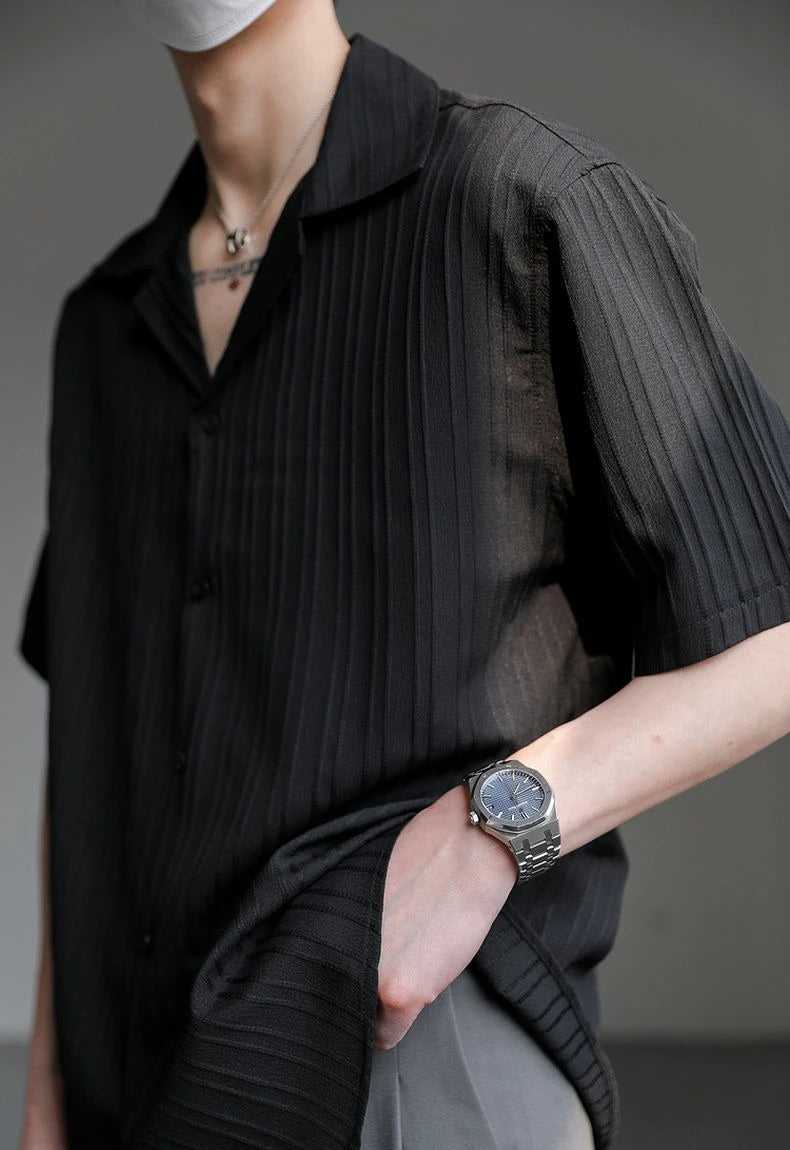 Men's Shirt Black Loose Short Sleeve Male Shirts Designer with Collar High Quality Luxury Sleeves Silk New in Vintage Slim Fit