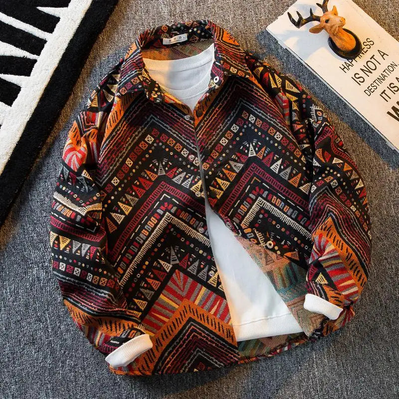 Men's high-density woven shirt men's high-end retro ethnic style long sleeved shirt trendy clothing jacket men clothing shirt