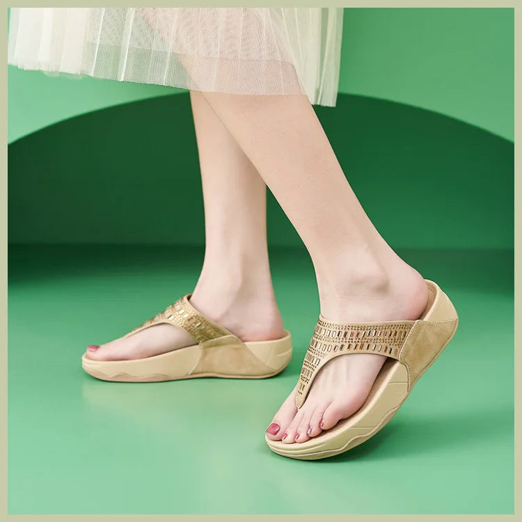 Women's Sandals Summer  Casual Non-Slip Suede  Diamond Soft Platform Wedge Flip Flop Walking Beach Slippers Shoes Woman