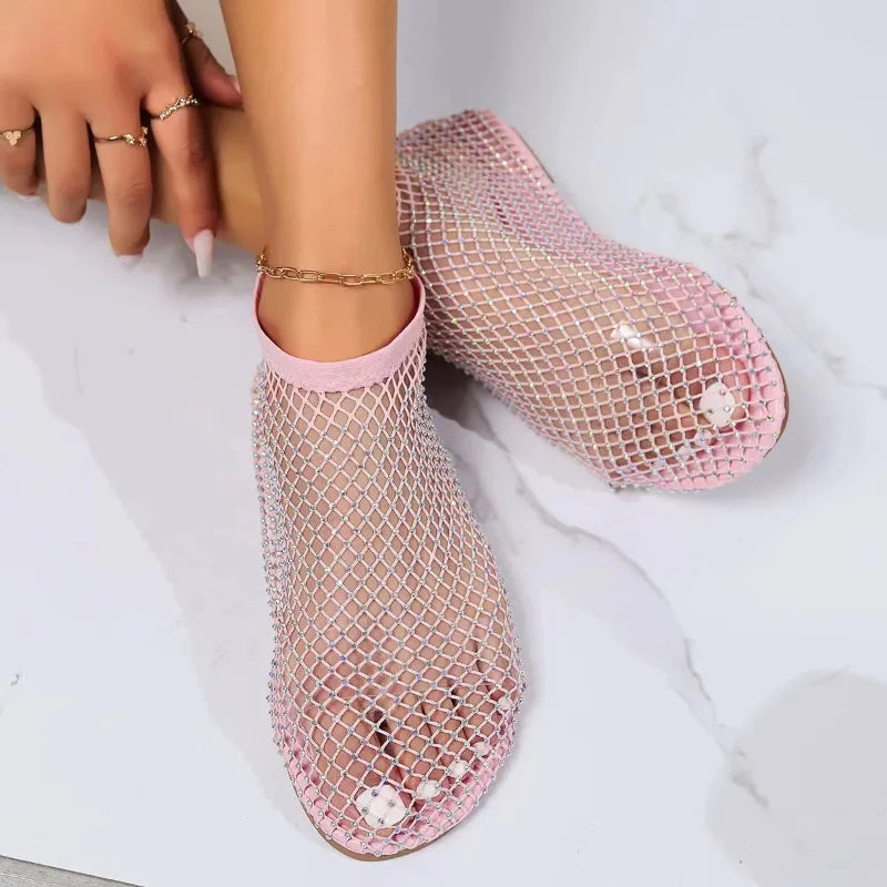 New Women's Flat Shoes Summer Women Sandals Hollowout Elastic Fishnet Socks Slippers Water Diamond Sexy Flat Shoes Zapatos Mujer