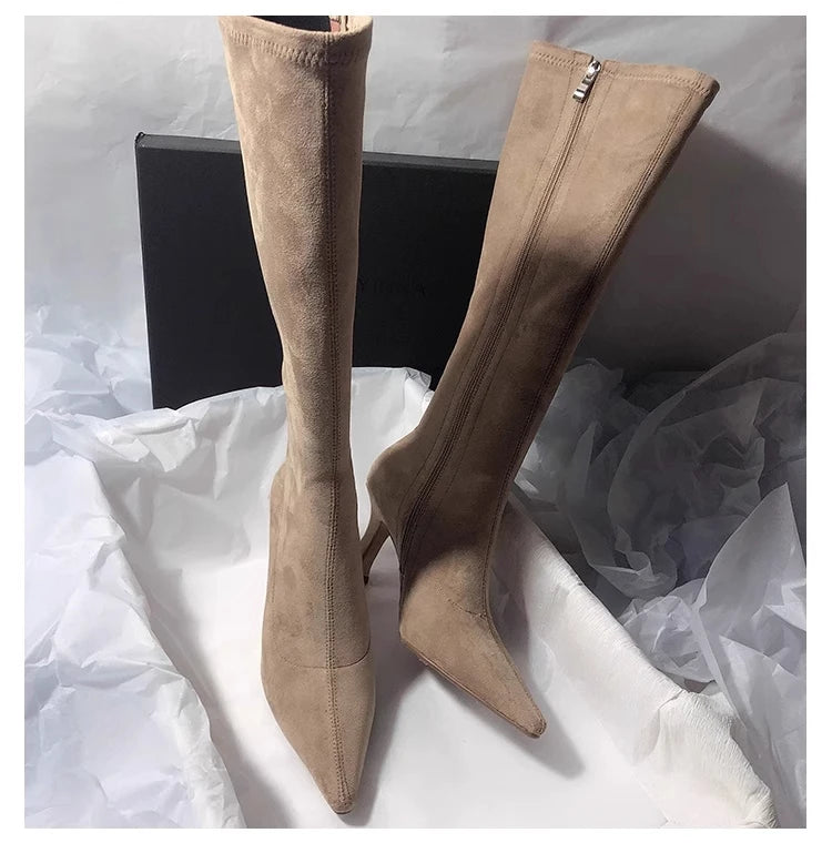 High Heels Women High Boots Suede Pointed Toe Elegant Knee High Shoes Woman Trend Fashion Sexy Pumps Party Chelsea Boots Mujer