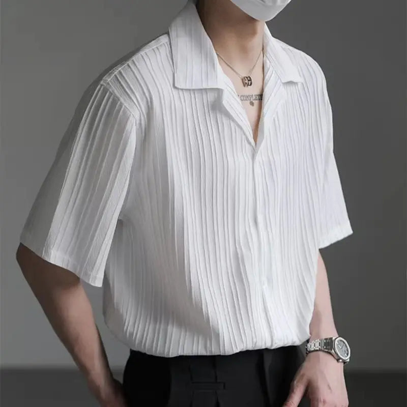 Men's Shirt Black Loose Short Sleeve Male Shirts Designer with Collar High Quality Luxury Sleeves Silk New in Vintage Slim Fit