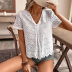 Woman Clothing Blouse Embroidered With Lace Eyelets, Elegant Short -sleeve Top With Neck For Spring And Summer, Women's Clothing