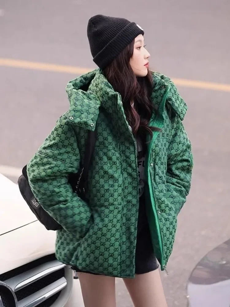 Winter Letter Print Hooded Jacket Women Clothing Trend Zipper Parkas Puffer Down Cotton Coats Design Vintage Windproof Outerwear