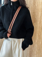 Autumn Winter  Zipper Sweaters Women Solid Color High Neck Knitted Pullover Solid Red Loose Turndown Collar Women's Turtleneck