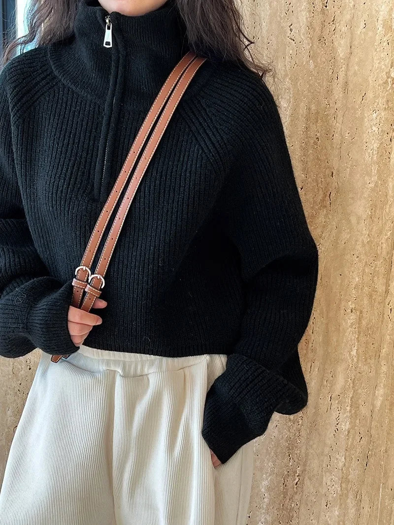 Autumn Winter  Zipper Sweaters Women Solid Color High Neck Knitted Pullover Solid Red Loose Turndown Collar Women's Turtleneck