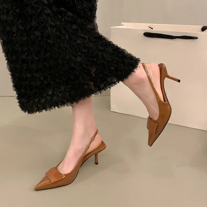 Womens Leather Slippers High Heels Shoes Party Pumps Woman Summer Sandals Women High Heel Slingback Sandal Shoes