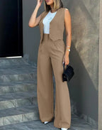 Pant Sets Women Wide Leg Pants Two Piece Suit Single Breasted Vets Sleeveless High Waist Elegant Trousers Pockets Solid Outwear