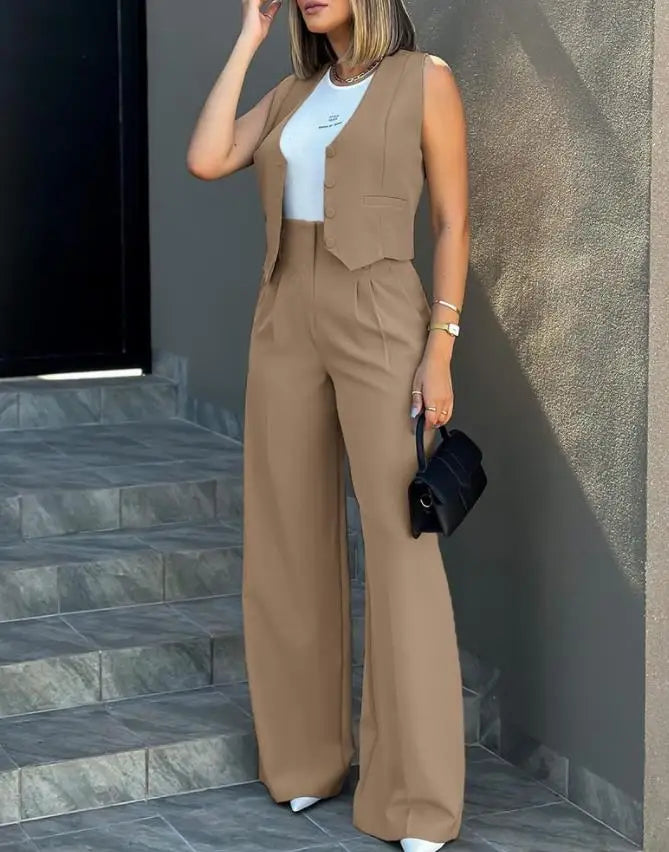 Pant Sets Women Wide Leg Pants Two Piece Suit Single Breasted Vets Sleeveless High Waist Elegant Trousers Pockets Solid Outwear