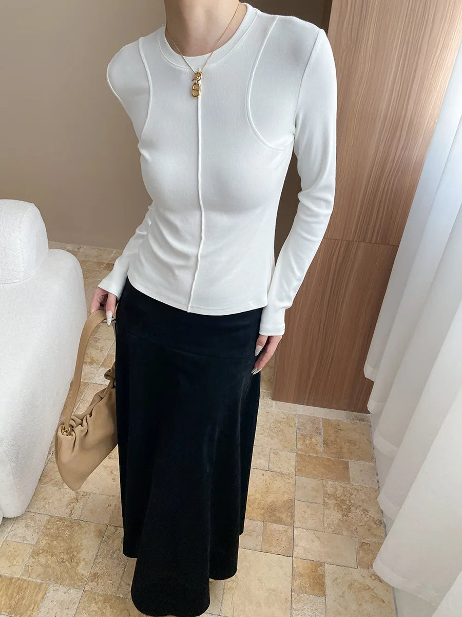 Women's casual stitching slim fit shoulder slimming base long sleeved T-shirt