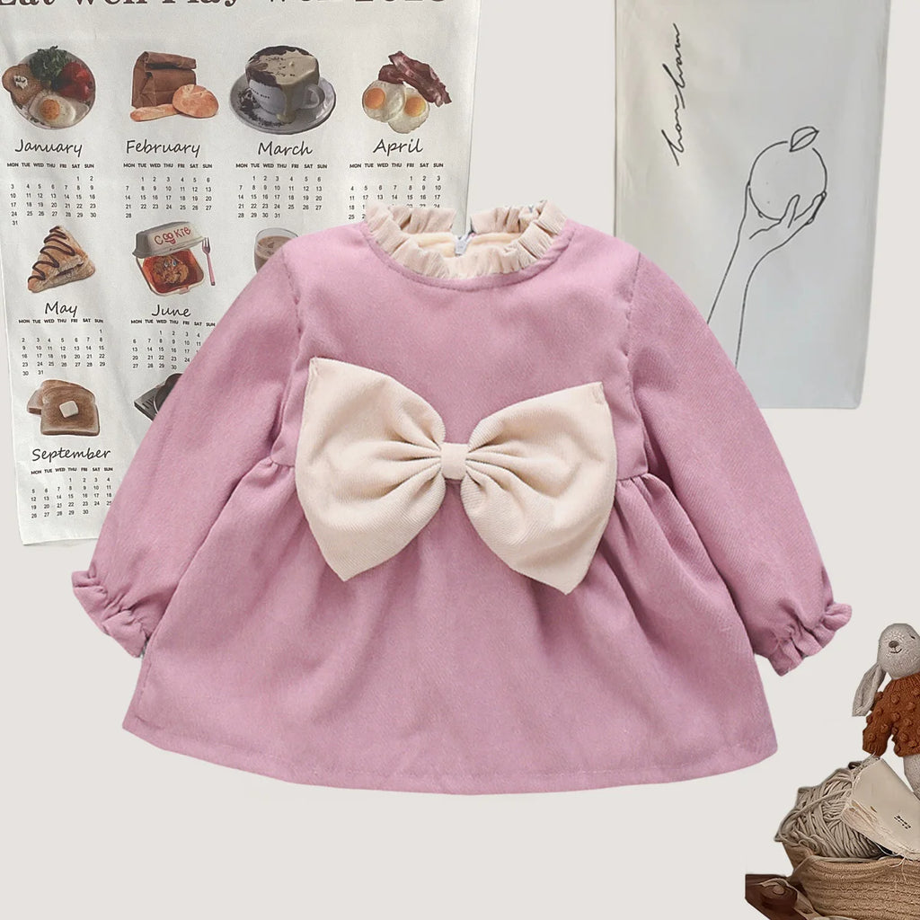 Winter Baby Girl Fleece Dress Bow Soft Standing Neck Solid Color Thickened And Warm Retro Baby Dress
