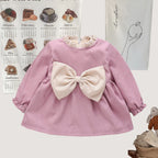 Winter Baby Girl Fleece Dress Bow Soft Standing Neck Solid Color Thickened And Warm Retro Baby Dress