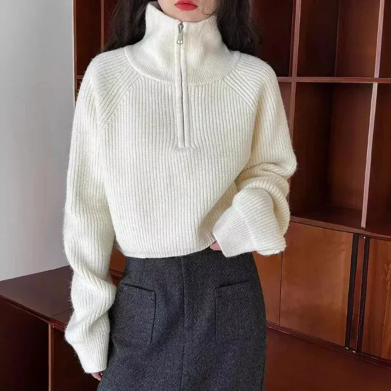 Autumn Winter  Zipper Sweaters Women Solid Color High Neck Knitted Pullover Solid Red Loose Turndown Collar Women's Turtleneck