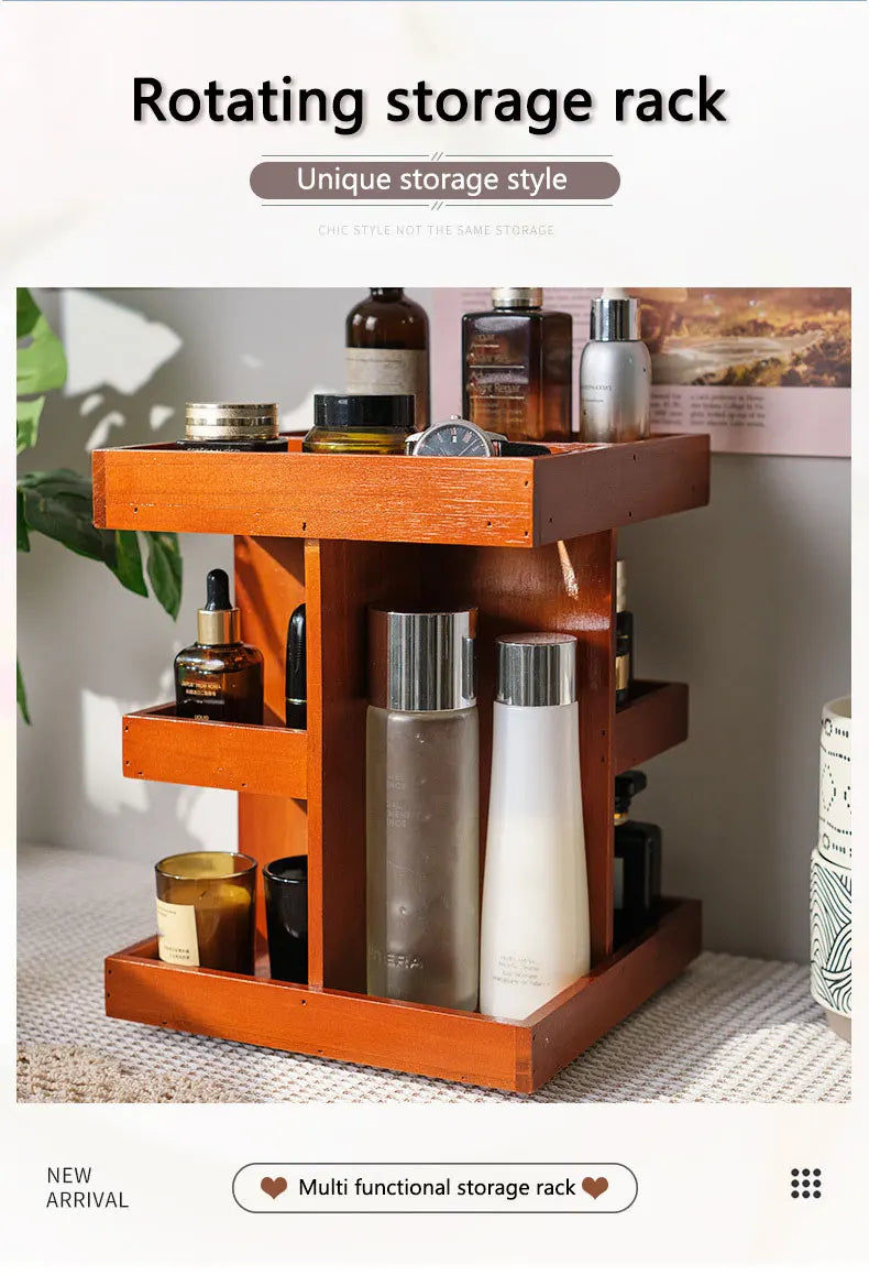Wooden cosmetics rotating storage rack, can hold small items and cosmetics, suitable for bedrooms, dressing tables,and bathrooms
