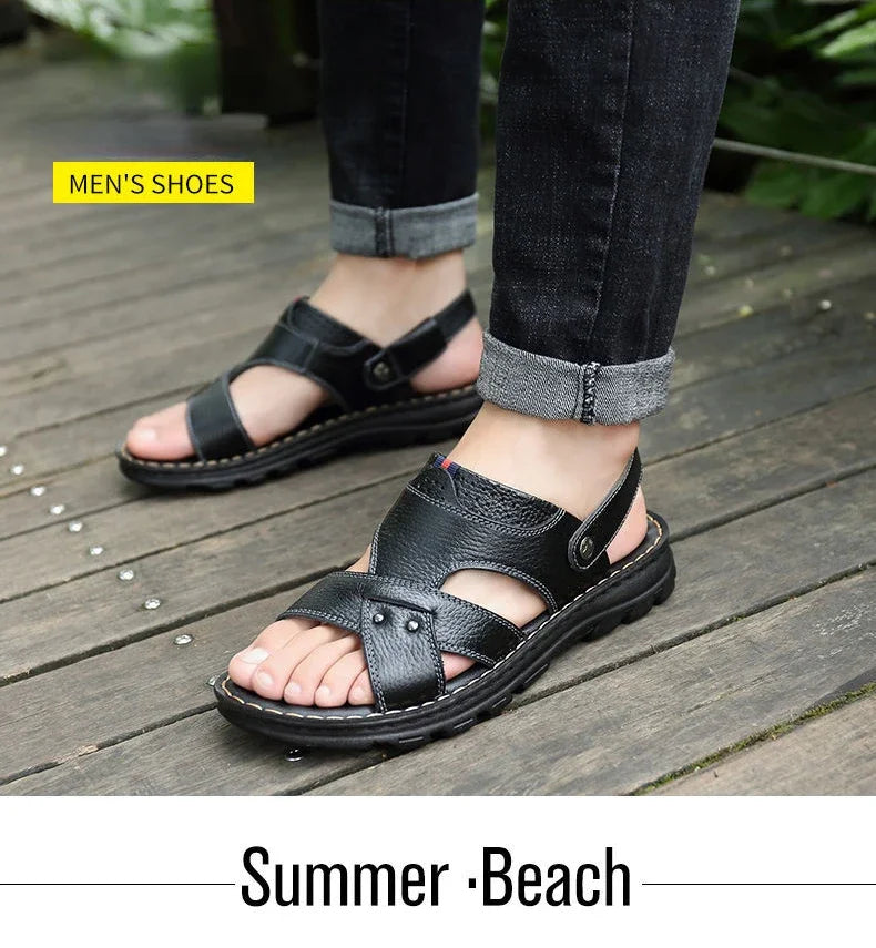 Men's Leather Summer Sandals 2025 Non-slip Thick-soled Comfort Soft Outdoor Beach Slippers