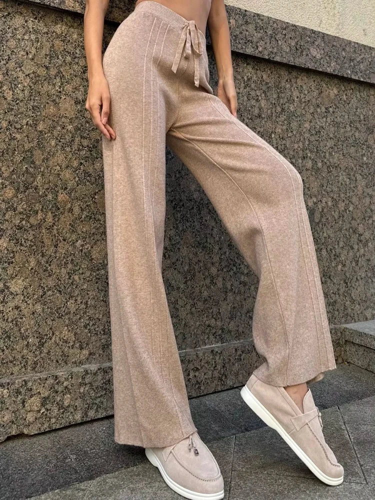 Black Knitted Pants Fashion Comfort Thick Warm Cashmere Women's Pants 2025 Autumn and Winter New Wide Leg Pants for Women