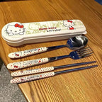 Anime Sanrio Hello Kitty Kitchen Tableware Stainless Steel Chopsticks Spoon Fork Office Portable Dinnerware Set Birthday Gifts