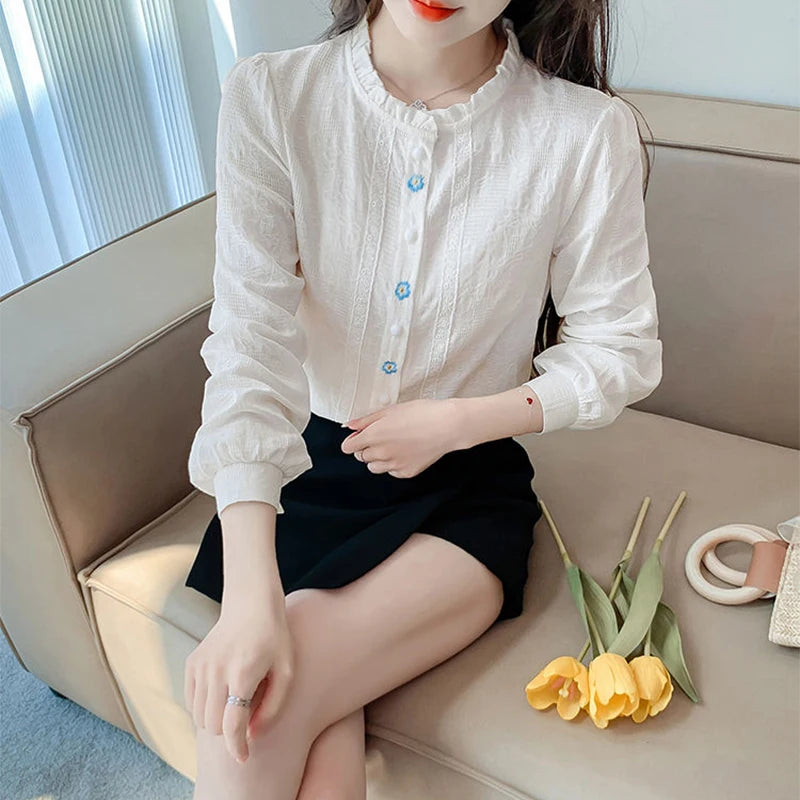 Woman's Embroidery Cotton Long-Sleeved Shirt New Stand Collar Stitching Ruffled Shirts Female Temperament Age-Reducing Thin Top