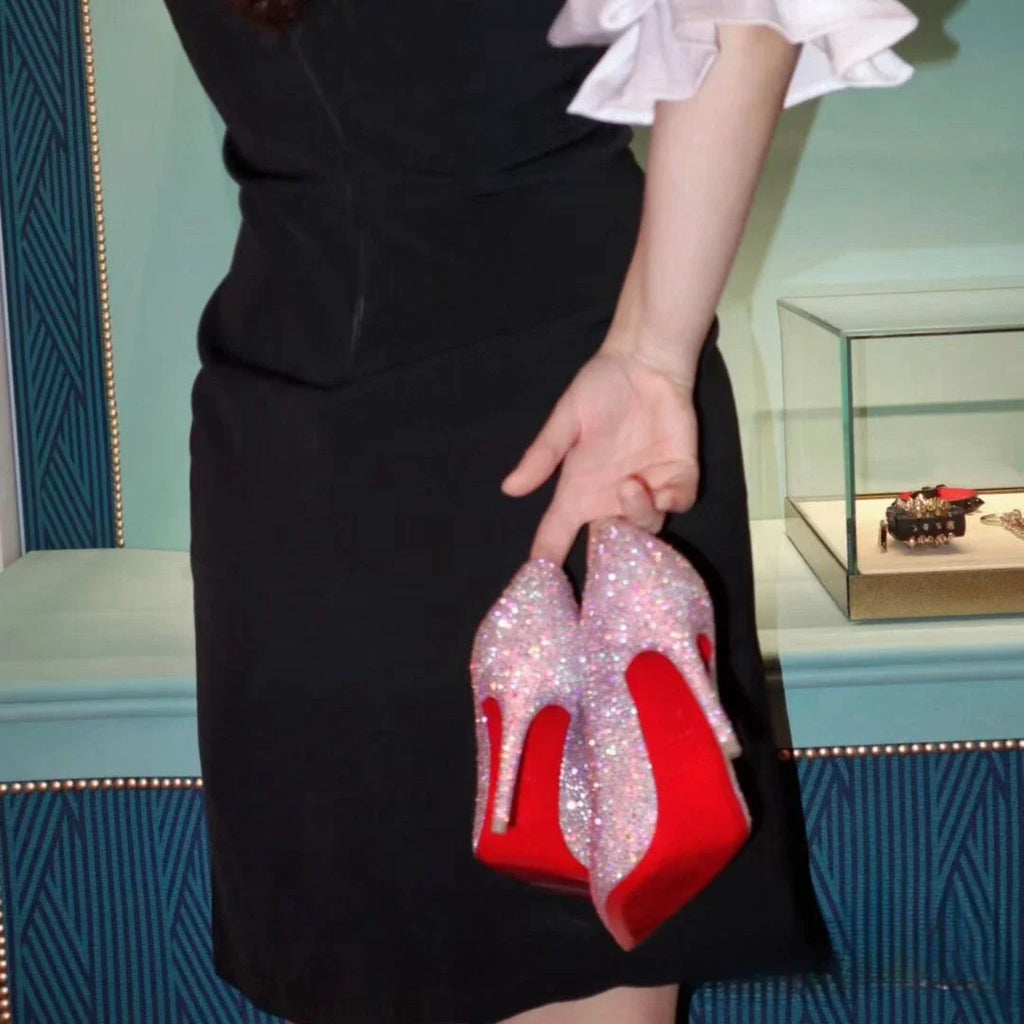 High Heels Women Star Style Sexy Red sole luxury Brand  Woman High Heels Pointed toe glitter Pumps elegant Party Shoes