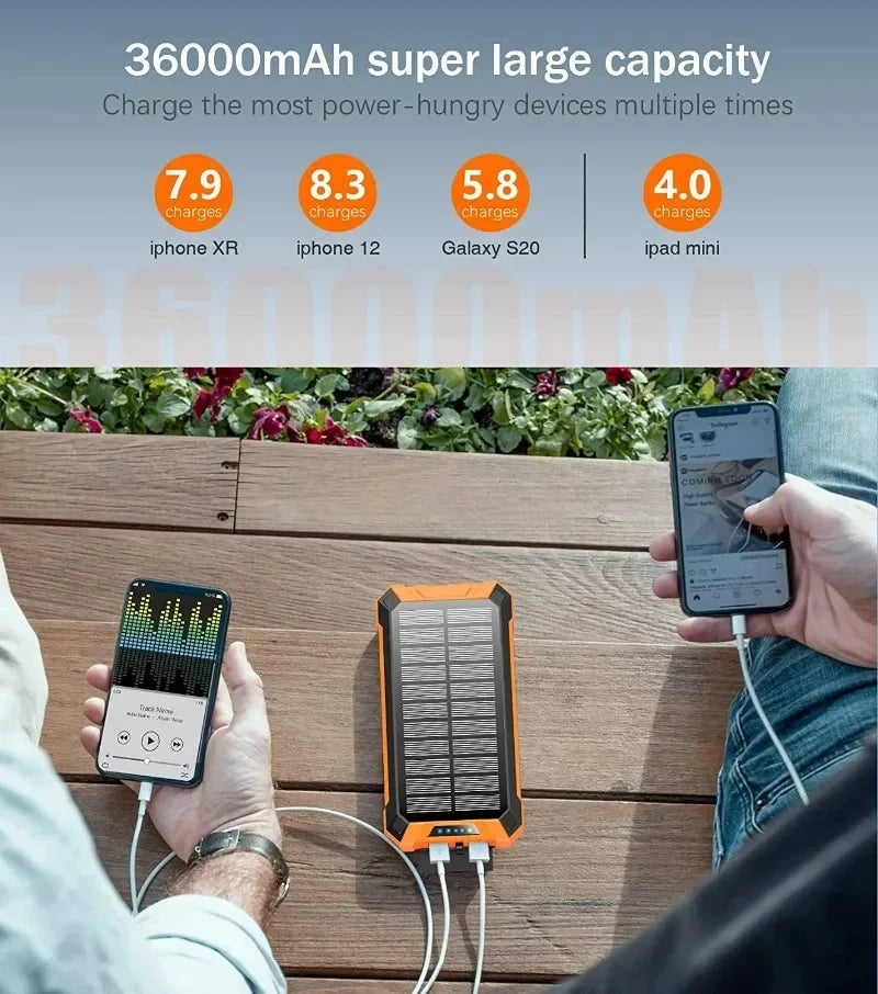Waterproof Outdoor Solar Battery Power Bank Big Capacity 20000Mah 30000mah Emergency Wireless Power Banks with 4 Lines Universal