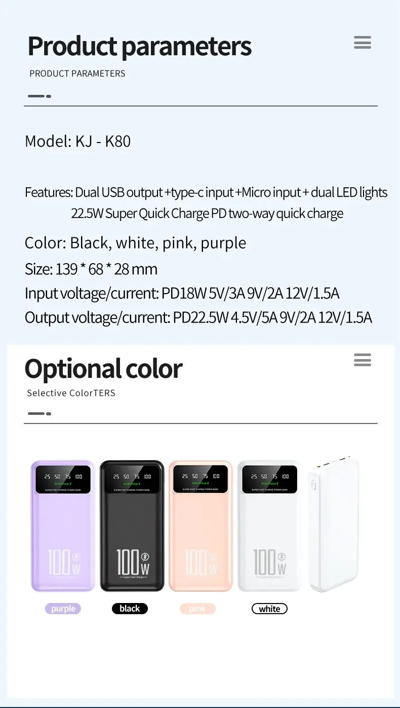 2025 NEW Power Bank 50000mAh High Capacity 100W Fast Charging Portable Charger External Battery Pack Powerbank for IPhone Huawei