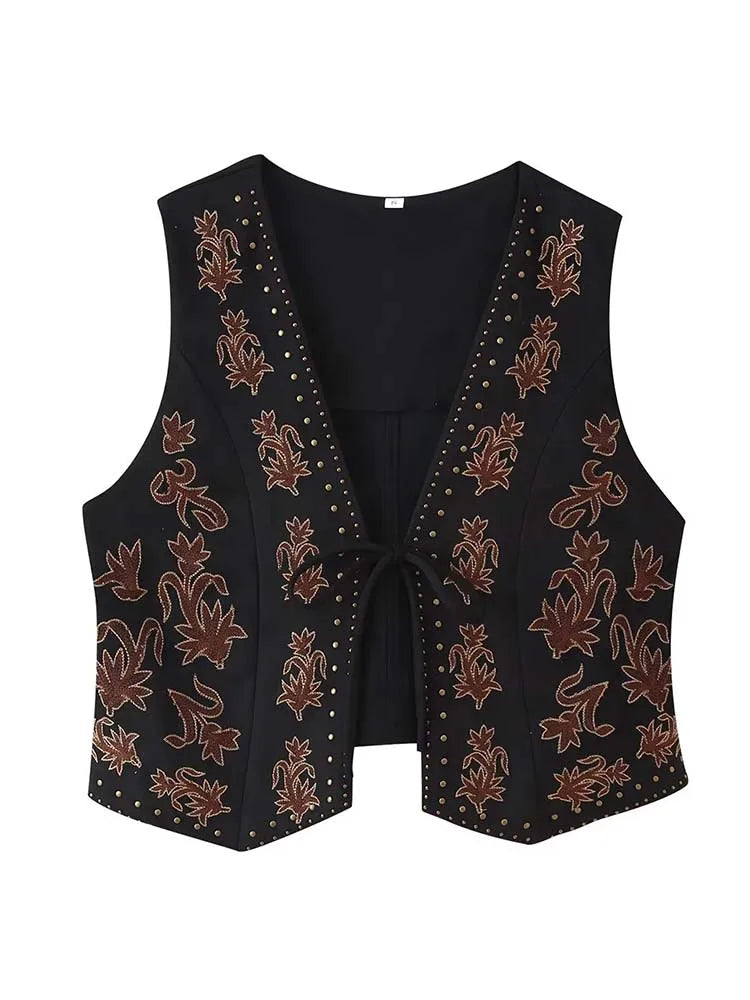 Women Fashion Embroidery Vest Suede Texture V-neck Waistcoat Sleeveless High Street 2025 New Vests Coat Female Tank Top