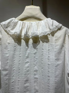 Lace Stitching Women's Pleated Blouse Summer Ruffles Edge V-Neck Puff Sleeve Casual Female Shirt