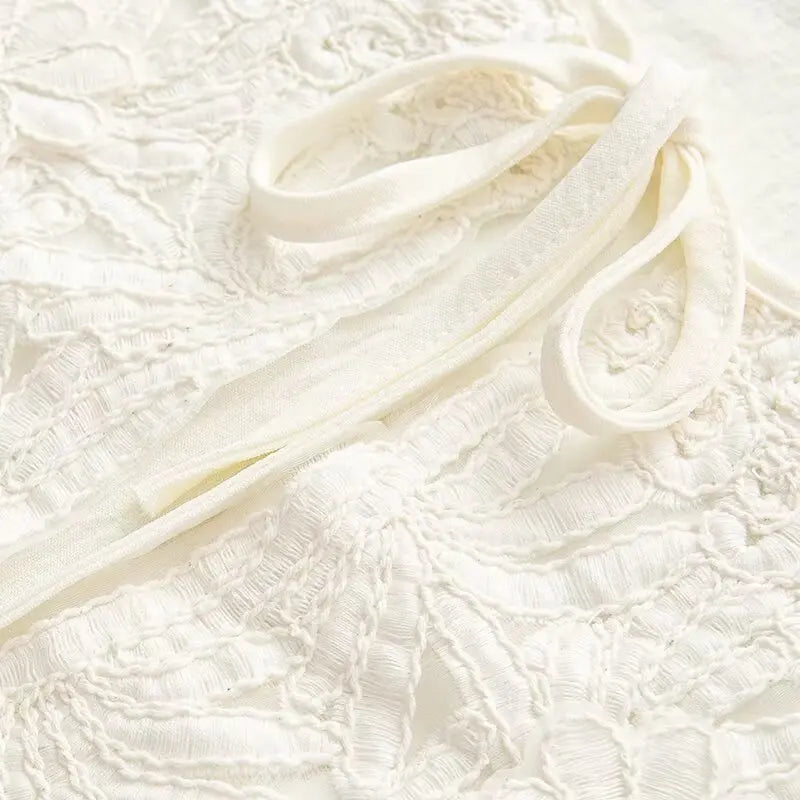 Women's Embroidery Crochet Hollow Shirts High Waist Skirt Suit Suit Mesh O-neck Full Sleeve Blouse Solid Color Skirt Set