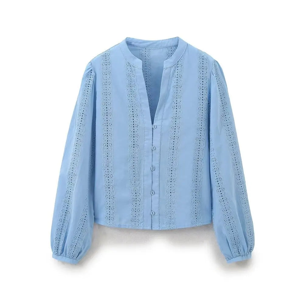 Women's Openwork Embroidered Cropped Shirt Simple V-neck Long-sleeved Single-breasted Casual Blouse Spring Summer Chic Top