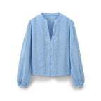 Women's Openwork Embroidered Cropped Shirt Simple V-neck Long-sleeved Single-breasted Casual Blouse Spring Summer Chic Top