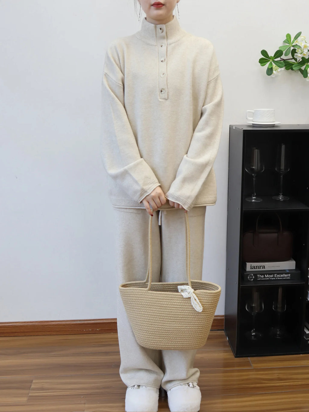 Pant Set Women Two Piece Sets Stand Collar Full Sleeve Knit Tops Wide Leg Long Pants Lace Up Elastic Waist Y2k Streetwear