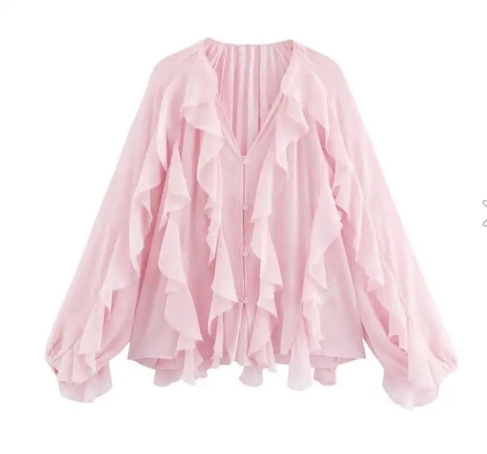 Women's Casual Ruffled Shirt Loose Lace Up Hollow Out V Neck Tops 2025 Spring Blouses Women Clothes