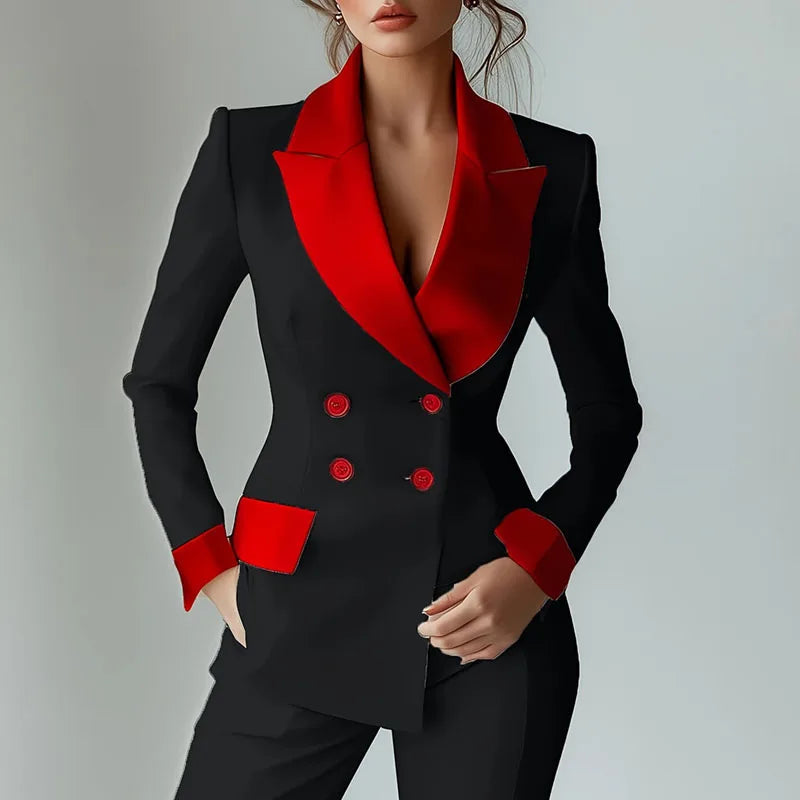 Fashion Contrast Notched Collar Women's Jacket Coat Elegant Double Breasted Office Blazer Autumn Long Sleeve Sexy Top Outerwears