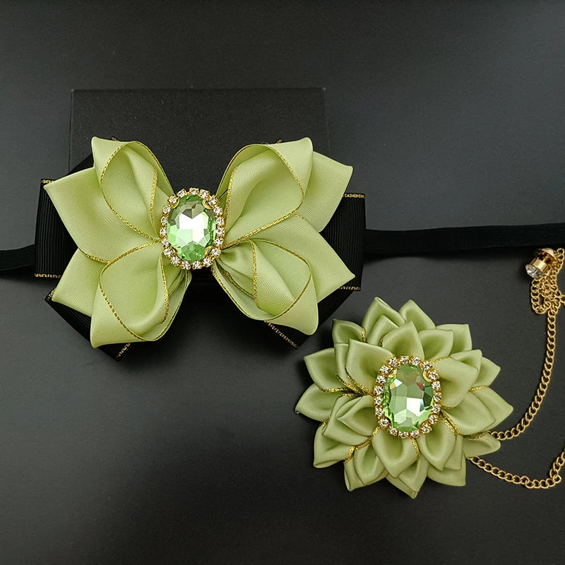 Wedding Bow Tie Corsage Men's Business Banquet Concert Suit Shirts Accessories Jewelry High-end Crystal Collar Flower Brooch Set