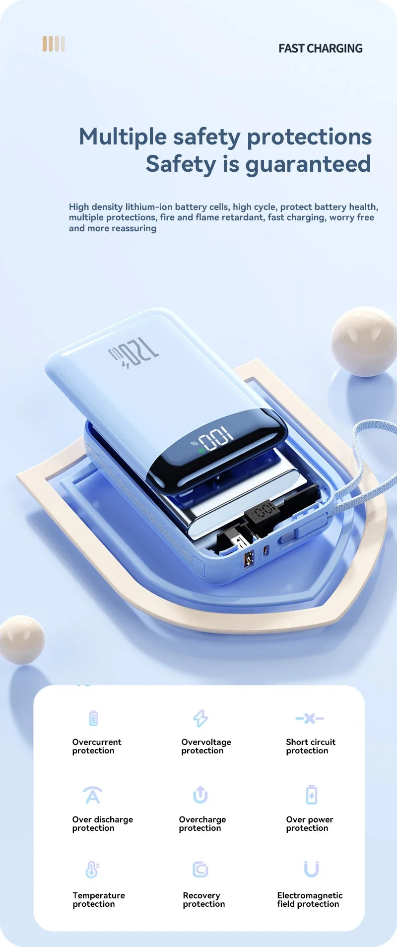 120W Fast Charging Power Bank 20000mAh Large Capacity Portable External Battery Comes with 2 Lines for IPhone Xiaomi Huawei New