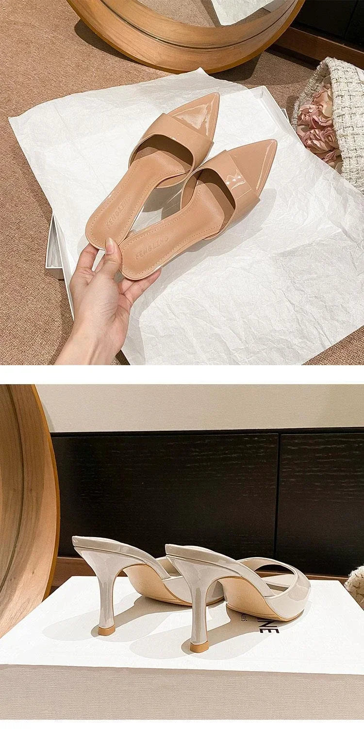 Women's High Heel Slippers Thin Heels Pointed Toe Solid Slippers Women Dress Banquet Summer Mature Concise Zapatillas De Mujer