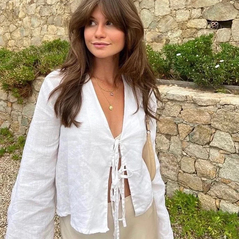 Casual Solid Lace Up Women Blouse Deep V-neck Long Sleeve Loose Female Shirt 2025 Spring Summer New Fashion Sweet Ladies Blouses