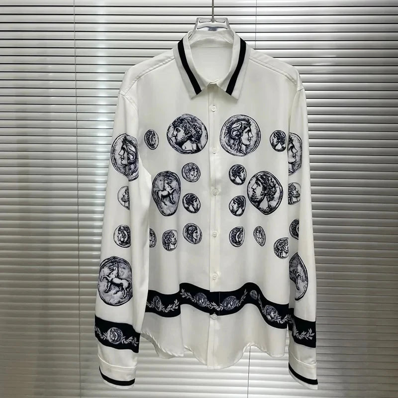 Men's shirt Vintage Character print 2025 Spring / Autumn Loose Version Classic Long-sleeved Lapel Fashion and leisure Top S-5XL