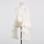 Solid Spliced Ruffles Loose Blouses For Women I Neck Long Sleeveless Temperament Minimalsit Shirts Female Fashion