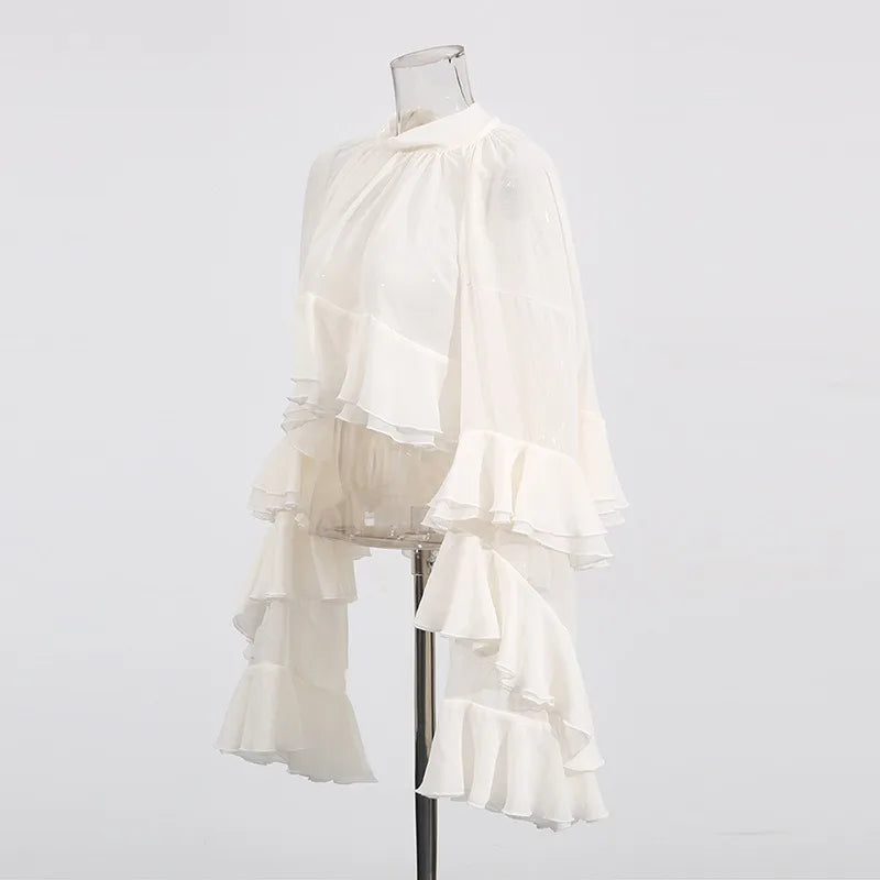 Solid Spliced Ruffles Loose Blouses For Women I Neck Long Sleeveless Temperament Minimalsit Shirts Female Fashion