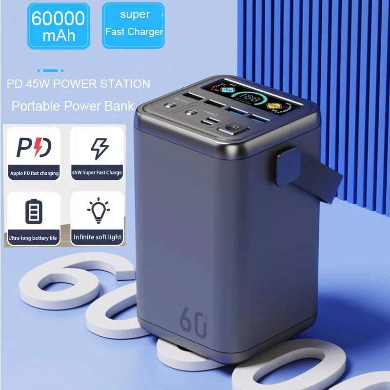 New power bank with large capacity 66W fast charging with cable outdoor camping mobile power supply 60,000 mAh large capacity