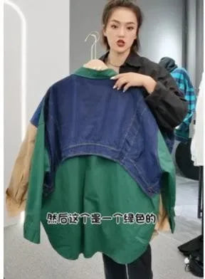 Tannt Women Blouse Denim Patchwork Stitched Ladies Shirt Long Sleeve Loose Leisure Irregular Shirts Fake Two Female Tops 2025