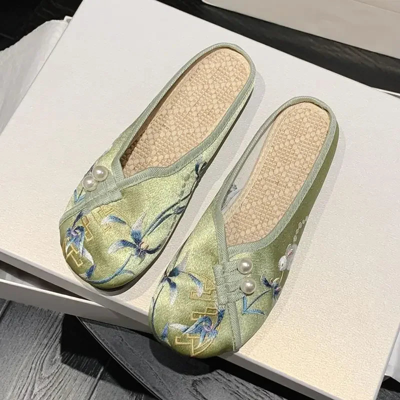 Woman Slippers Spring Autumn Soft Sole Baotou Flats Embroider Home Slippers Casual Shoes for Women Ethnic Style Outdoor Slippers