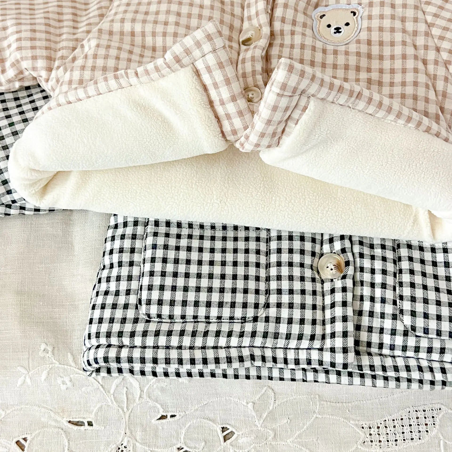 Winter Baby Girl Clothing  Plaid Coat Warm Fleece Lined Cartoon Bear Embroidery Children Cotton Padded Jacket